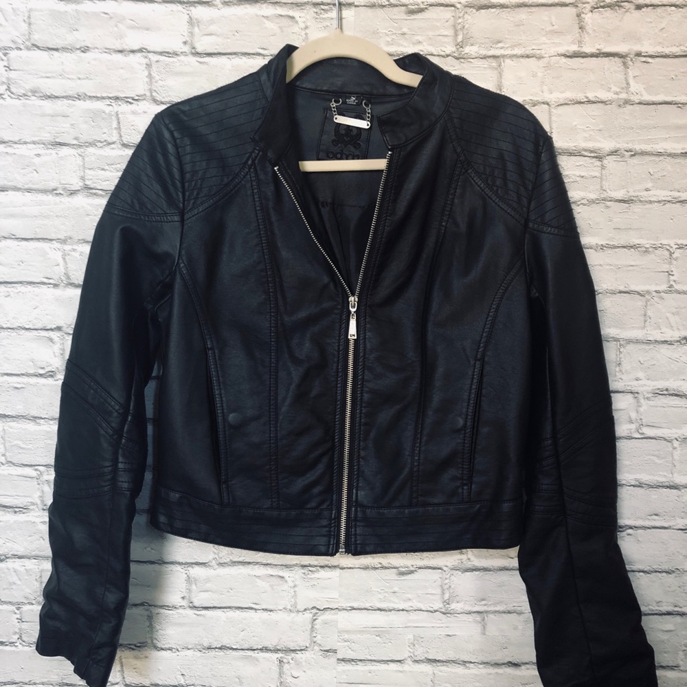 ODYN black faux vegan leather moto jacket size S